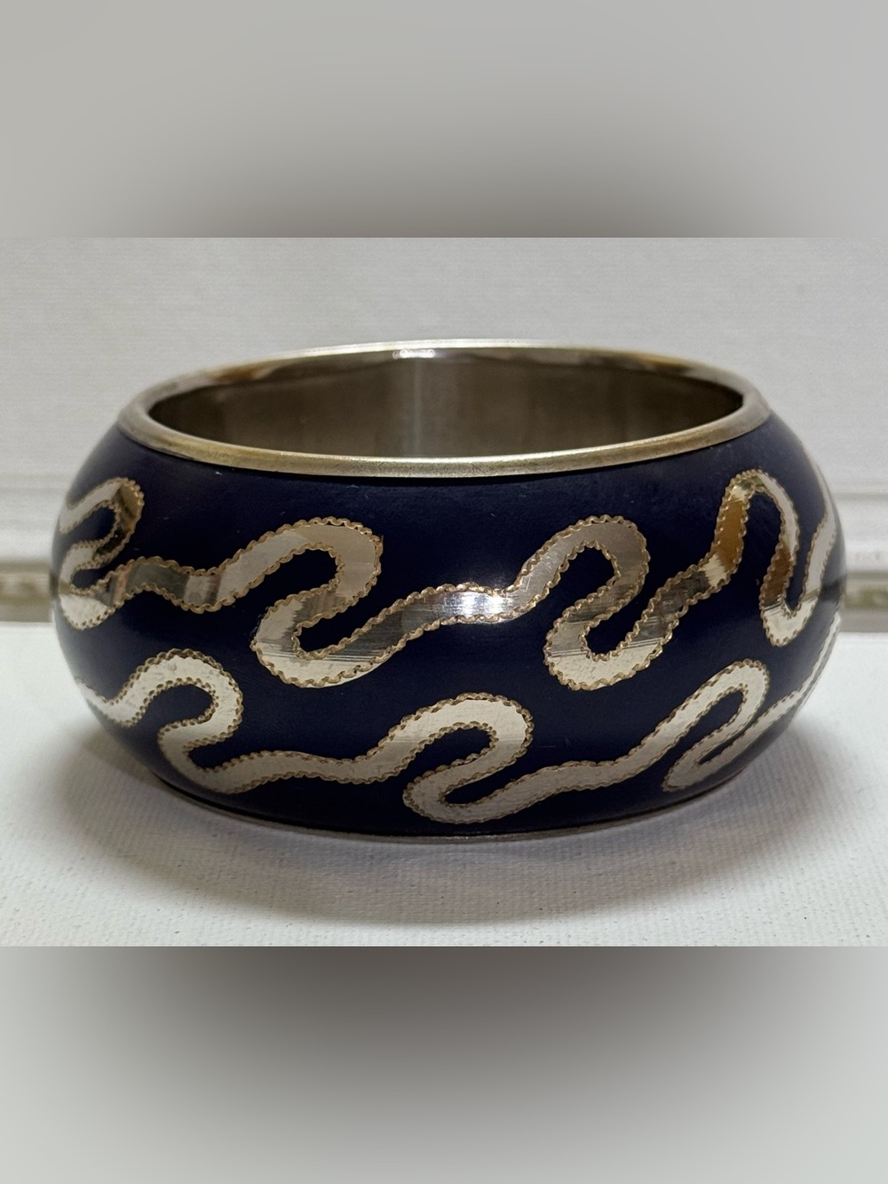Enamel Navy Blue and silver tone brass inlay bangle